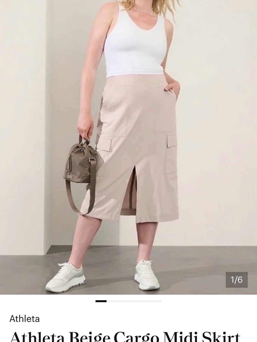 Athleta Sand Beige Cargo Midi Skirt with Front Slit
